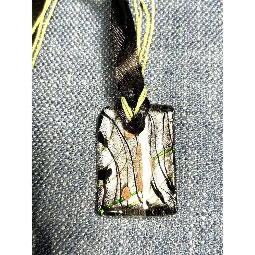 Vintage Dichroic Multicolor Glass Square Pendant With Ribbon Necklace 22”